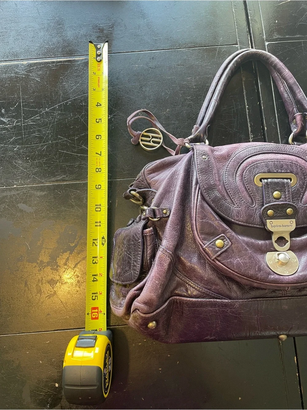 Plum Leather Satchel with Brass Accent Hardware